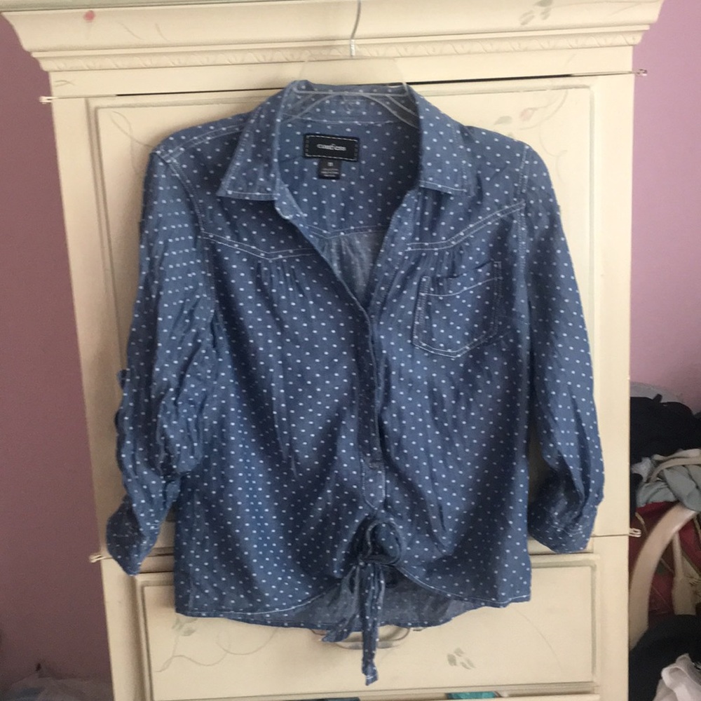 Polka dot button-down tie-front blouse